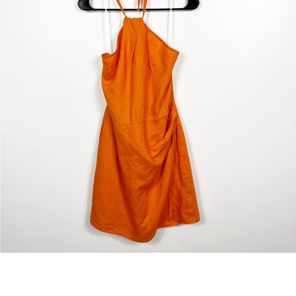 Reformation Dory Linen Dress in Orange Halter Neckline Faux Wrap Mini NWT - Picture 7 of 11